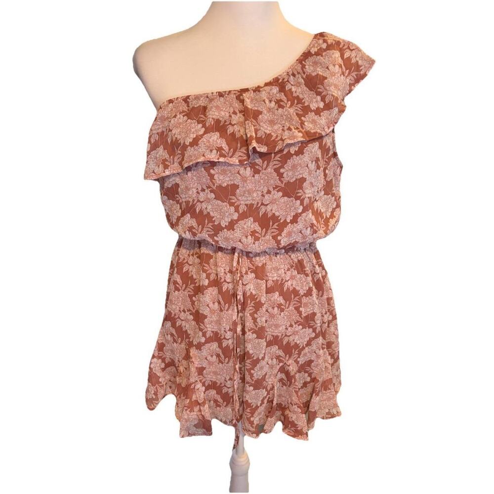 Trixxi One Shoulder Floral‎ Print Ruffle Dress Rust White Mini Boho NWT SZ L